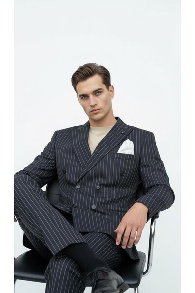 Plus Scorpion Black Striped Men's Double-Breasted Blazer Jacket – Italian Cut, Stylish and Modern