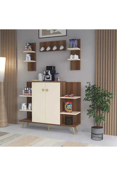 Stylish Home Brown and beige corner coffee table with wall shelves - RC03