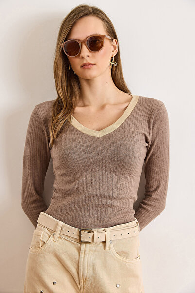 Olalook Γυναικεία Μπλούζα Καφέ Μπεζ με Λεπτομέρεια Γιακά επένδυση fleece ελαστικό ύφασμα BLZ-19002746