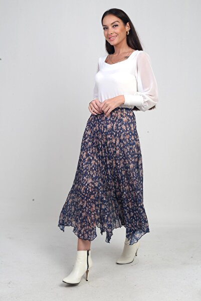 By Saygı Women's Elastic Waist Lined Mini Floral Midi Crinkle Triangle Skirt