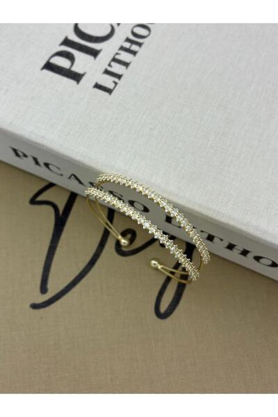 Hedef Bijuteri Gold Color Adjustable Two Row Almond Model Zircon Stone Bracelet