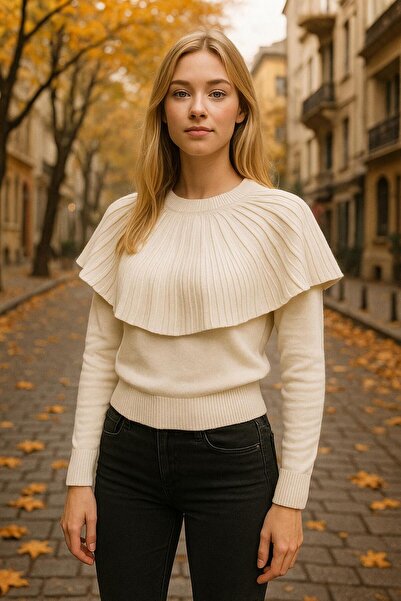 HİRA LİFE FASHİON Pulover scurt pentru femei cu detaliu cu volane