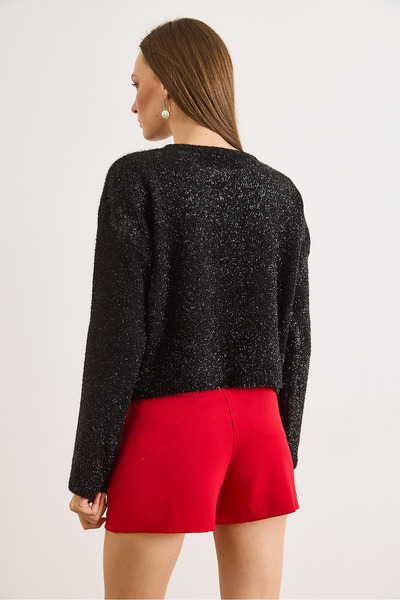 Olalook Women's Black Crew Neck Glitter Drawstring Knit Sweater Kzk-19001048