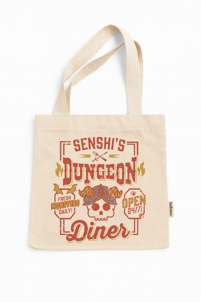 Tee&more. Dungeon Meshi Senshi's Diner Printed Canvas Tote Bag with Gusseted Gusset and Internal Pockets
