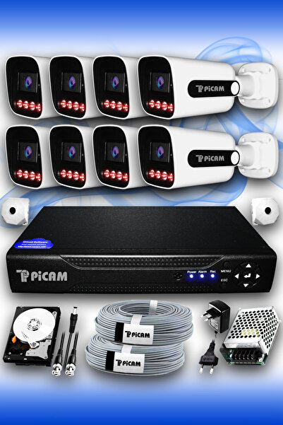 Picam 8 Kameralı Süper 8 Dış Kamera Set 320 GB 5 MP 2K Net Gece Görüşlü Güven...