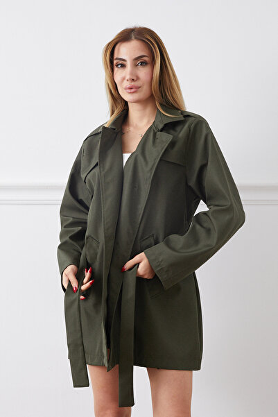 DPARİS Plus Size Belted Buttoned Trench Coat