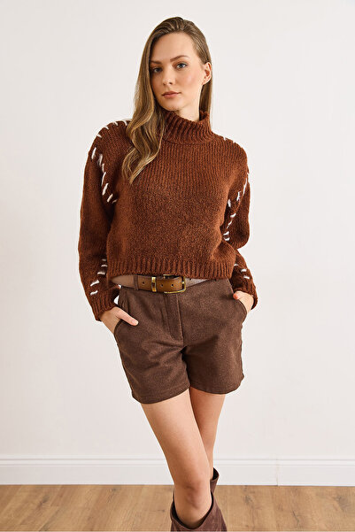 Olalook Women's Brown Stitching Detailed Soft Textured Knitwear Sweater Kzk-19001051