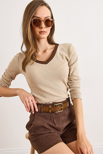 Olalook Γυναικεία μπλούζα με λεπτομέρεια σε μπεζ καφέ γιακά επένδυση fleece ελαστικό ύφασμα BLZ-19002746