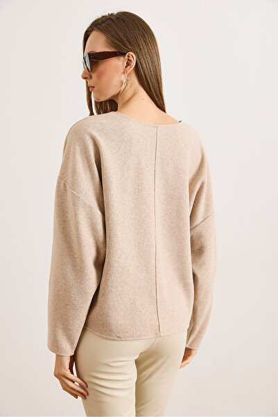 Olalook Women's Stone V-Neck Stitching Detail Flowy Thessaloniki Blouse Blz-19003166