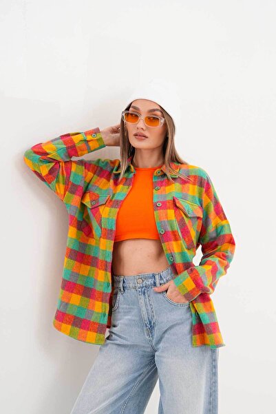 Polologin Butik Kadın Oduncu Rengarenk Cepli Spor Kesim Gömlek