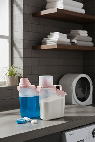 Siyempi 2-Piece Pink Lid Liquid Powder Detergent Storage Container 2 Lt Bathroom Organizer Practical Use Container