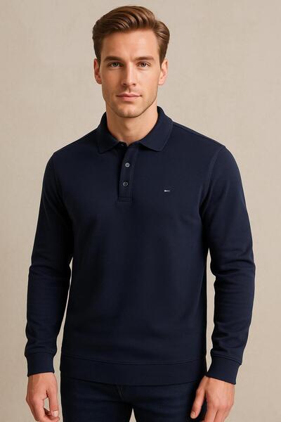 RAPAPA Men's Long Sleeve Polo Neck Sweatshirt – Navy Blue, Three Buttons, Basic Comfortable Fit 80% Cotton 1101