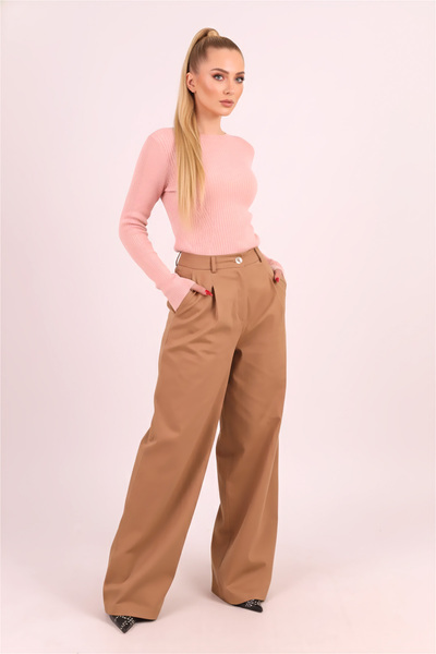 armonika Women's Beige High Waist Front Pleated Detail Wide Leg Pants Arm-26K136041