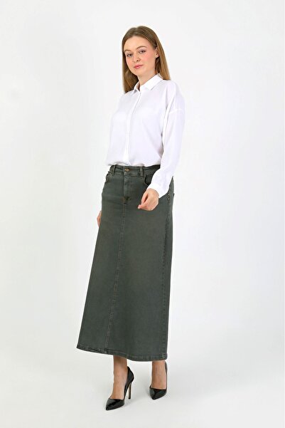 VELLICHOR Natural Fabric Star Rivet Denim Skirt Green