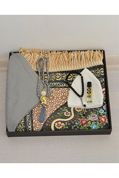 Bilenler Dowry Gift Prayer Rug Set – Prayer Rug, Scarf, Crystal Prayer Beads, Men's Prayer Beads, Skullcap with Essence Box