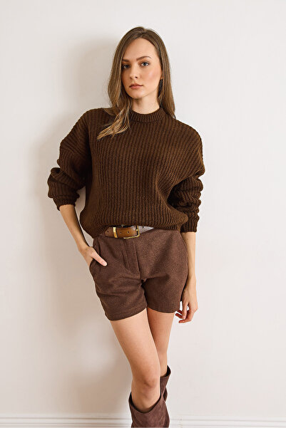 Olalook Women's Brown Soft Textured Balloon Sleeve Thick Knit Sweater Kzk-19001037