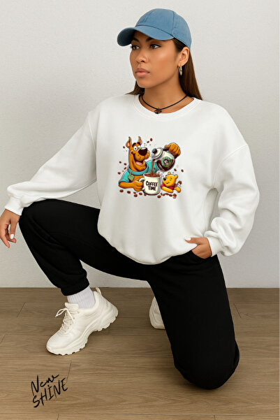 New Shine Timpul cafelei cu imprimeu guler rotund Swea tricou