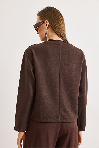 Olalook Дамска кафява блуза с детайли на яката и набори Selanik BLZ-19003167