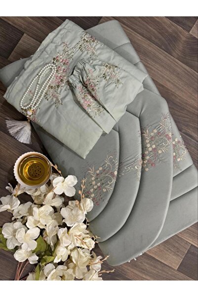 STAYILK DRESSES Elegant prayer robe set in a soft light olive color, featuring luxurious embroidery.