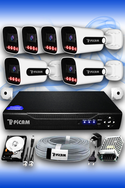 Picam 6 Kameralı Süper 6 Dış Kamera Set 500 GB 5 MP 2K Net Gece Görüşlü Güven...