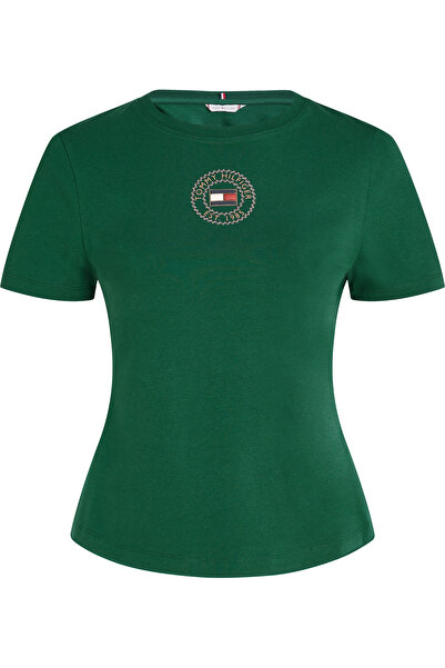 Tommy Hilfiger Women Ornamental Green Regular Script Graphic Short Sleeves T-Shirt