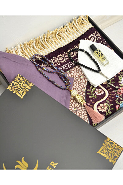 Bilenler Dowry Gift Prayer Rug Set – Prayer Rug, Scarf, Crystal Prayer Beads, Men's Prayer Beads, Skullcap with Essence Box