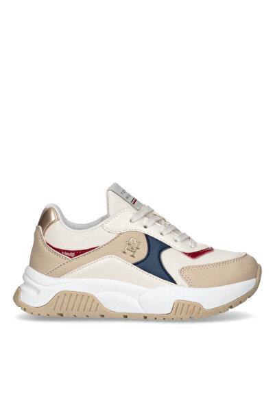 Tommy Hilfiger Girls Beige Leather Low Cut Lace-Up Sneakers