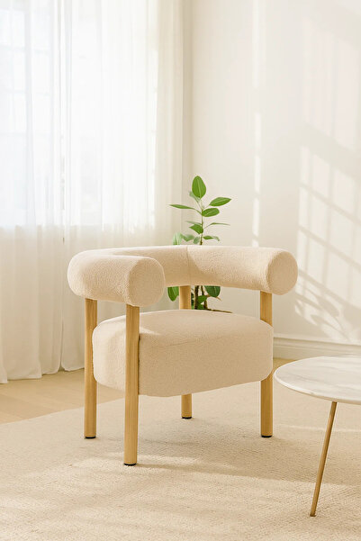 MARIA HOMES Modern Light Beige Fabric Armchair, Elegant Lounge Chair with Wooden Legs for Living Room & Office