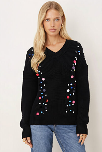 armonika Pulover de damă negru cu decolteu în V cu paiete ARM-26K136039