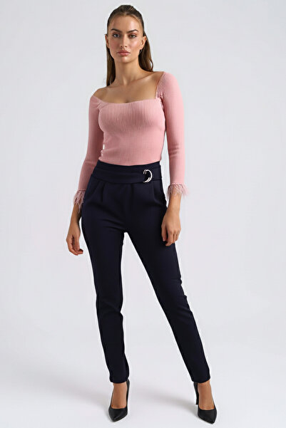 armonika Women's Navy Blue Fabric Trousers with Belt Detail at Waist Arm-26K136051