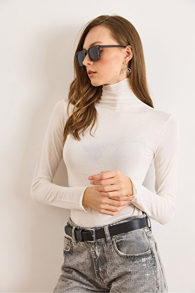 Olalook Women's White Turtleneck Transparent Stretchy Blouse Blz-19003169