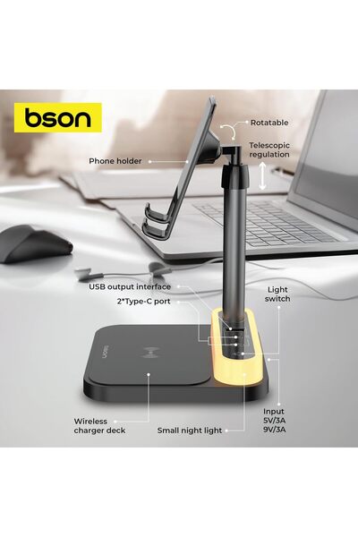 bson Wireless Power Deck - 15W Fast Qi Charging Hub with 4 USB Ports & Adjustable LED Lantern