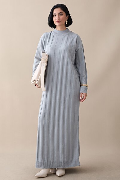 InStyle Corded Fabric Straight Sleeve Long Gray Knitwear Dress