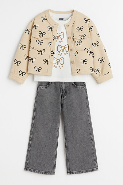 Uğur bebe Classic Style Girls' Canvas Jacket 3-Piece Set Long Sleeve Sweatshirt and Wide Leg Denim Pants