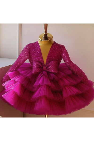 İlknur Karaca Design Fuşya boncuklu eteği fırfırlı kız çocuk özel gün doğum g...