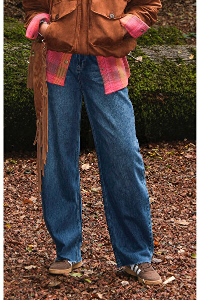 HOPE AND ME بنطلون جينز نسائي عالي الخصر باللون الأزرق