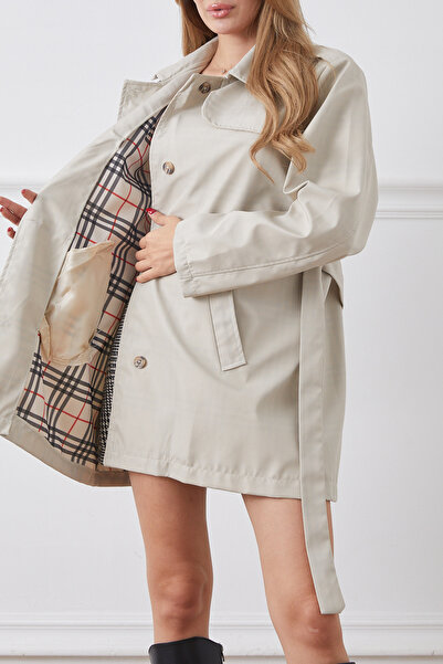 DPARİS Plus Size Belted Buttoned Trench Coat