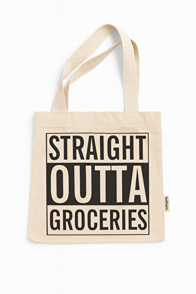 Tee&more. Straight Outta Groceries Printed Canvas Tote Bag with Gusseted Gusset and Inner Pocket