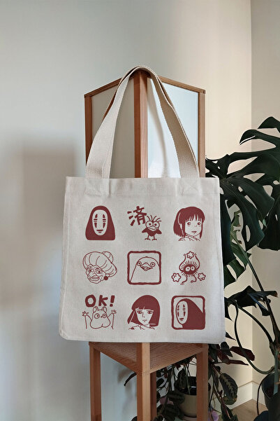 Tee&more. Studio Ghibli Spirited Away Character Printed Canvas Tote Bag with Gusseted Velcro and Inner Pockets