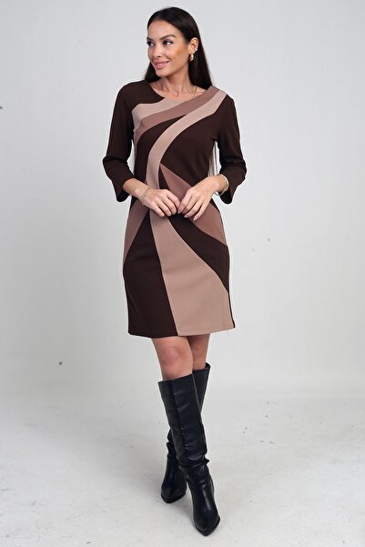 By Saygı Women's Geometric Pattern Lined Short Crepe Dress