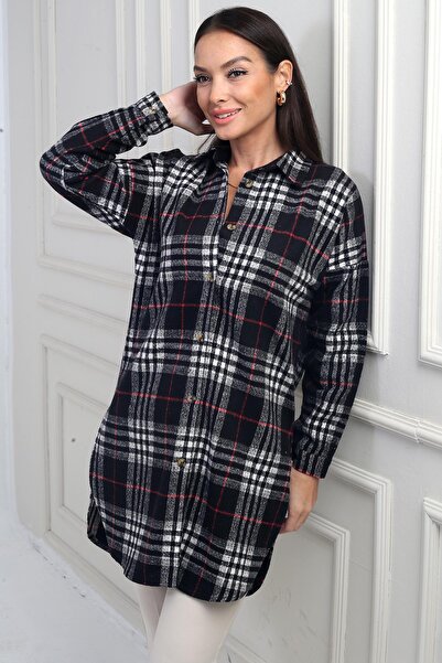 By Saygı Women's Side Slit Plaid Long Shirt
