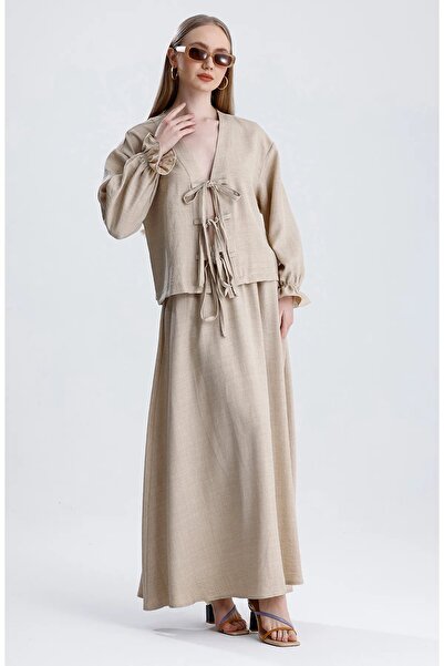 İKLİM LİFE Φούστα καμπάνα με ελαστική μέση και μπλούζα με δεσίματα, διπλό λιν...