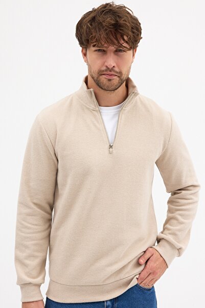 COMEOR سترة قطنية رجالية بيج اللون بقصة عادية وياقة قائمة مع سحاب نصفي