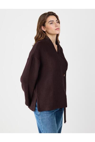 Jimmy Key Bitter Brown V-Neck Long Sleeve Button Detailed Knitted Cardigan