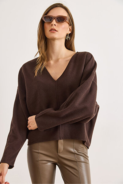 Olalook Γυναικεία καφέ μπλούζα με λαιμόκοψη σε σχήμα V με λεπτομέρεια ραφής, ντραπέ σελανικές μπλούζες BLZ-19003166