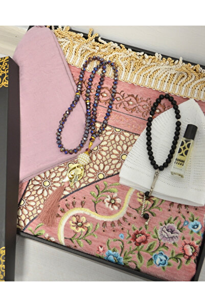 Bilenler Dowry Gift Prayer Rug Set – Prayer Rug, Scarf, Crystal Prayer Beads, Men's Prayer Beads, Skullcap with Essence Box
