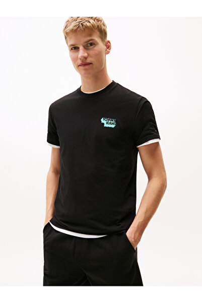 Tommy Hilfiger Men Black Stack Logo Slim Crew Neck T-Shirt