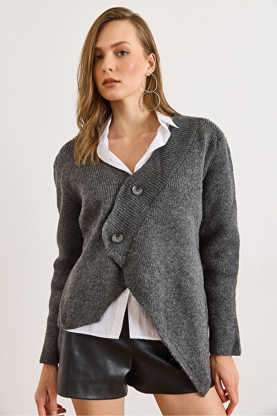 Olalook Women's Anthracite V-Neck Skirt Asymmetrical Knitwear Cardigan Hrk-19000439