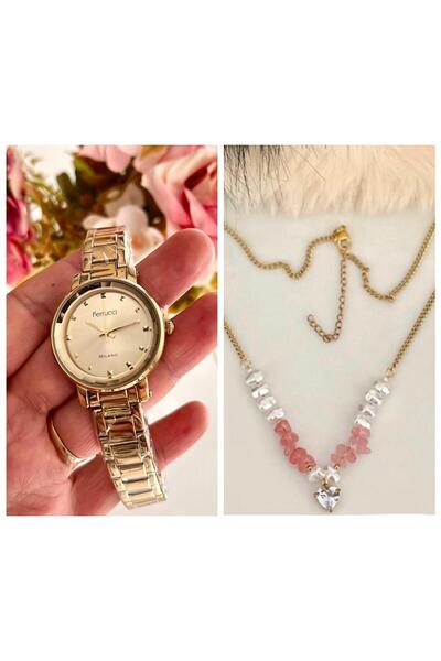 Ferrucci Gold Renk Çelik Kristal Kadranlı Kadın Kol Saati+İincili %100 Çelik Kolye Hediye