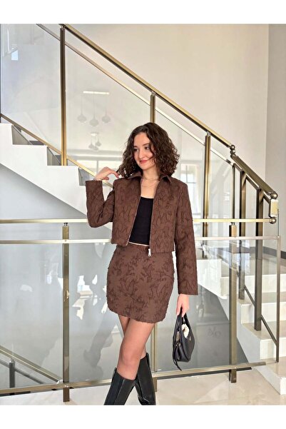 Sude Kızanlıklı Jacquard Mini Skirt Jacket Set